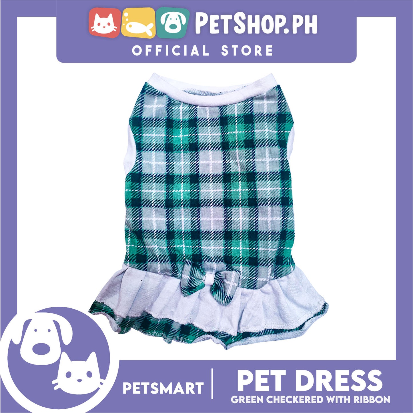 Pet Dress Checkered Green With Ribbon Dress DG-CTN114S (Small) Perfect Fit For Dogs And Cats, Breathable Dress Clothes, Soft Lightweight Pet Clothing
