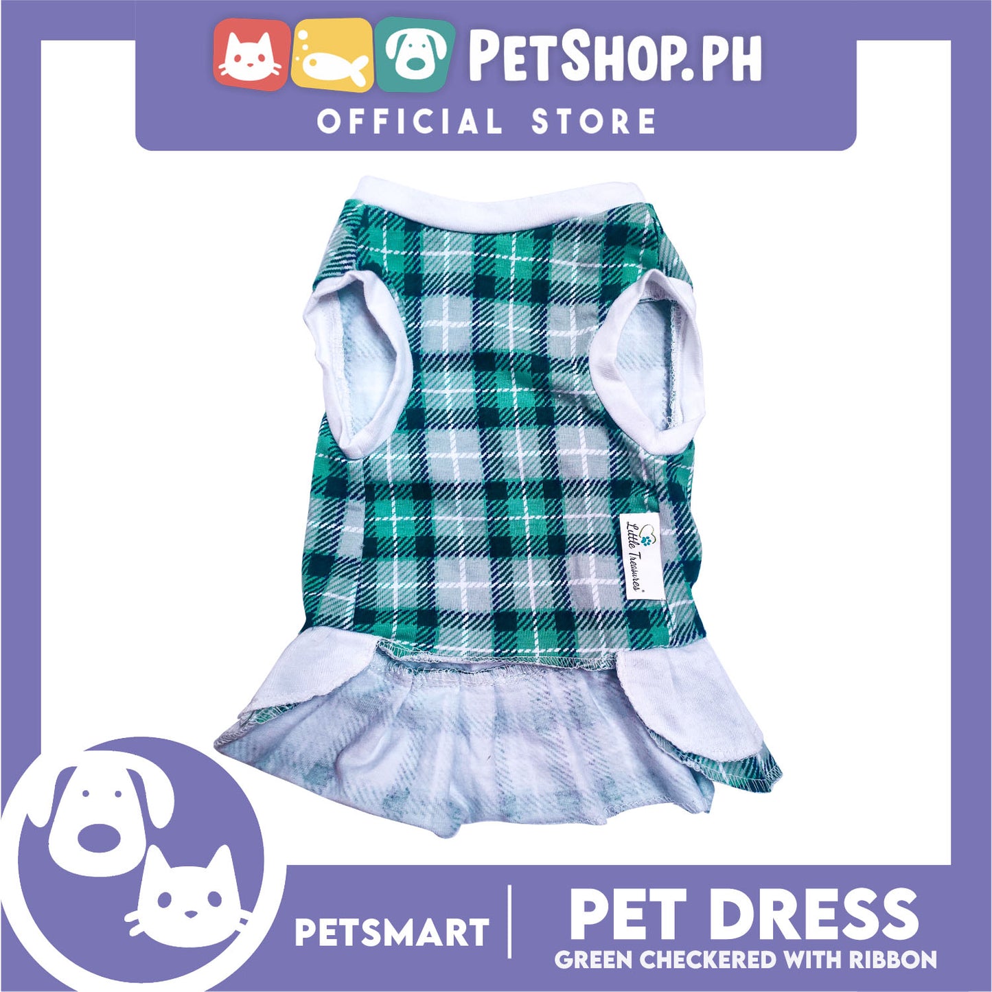 Pet Dress Checkered Green With Ribbon Dress DG-CTN114S (Small) Perfect Fit For Dogs And Cats, Breathable Dress Clothes, Soft Lightweight Pet Clothing