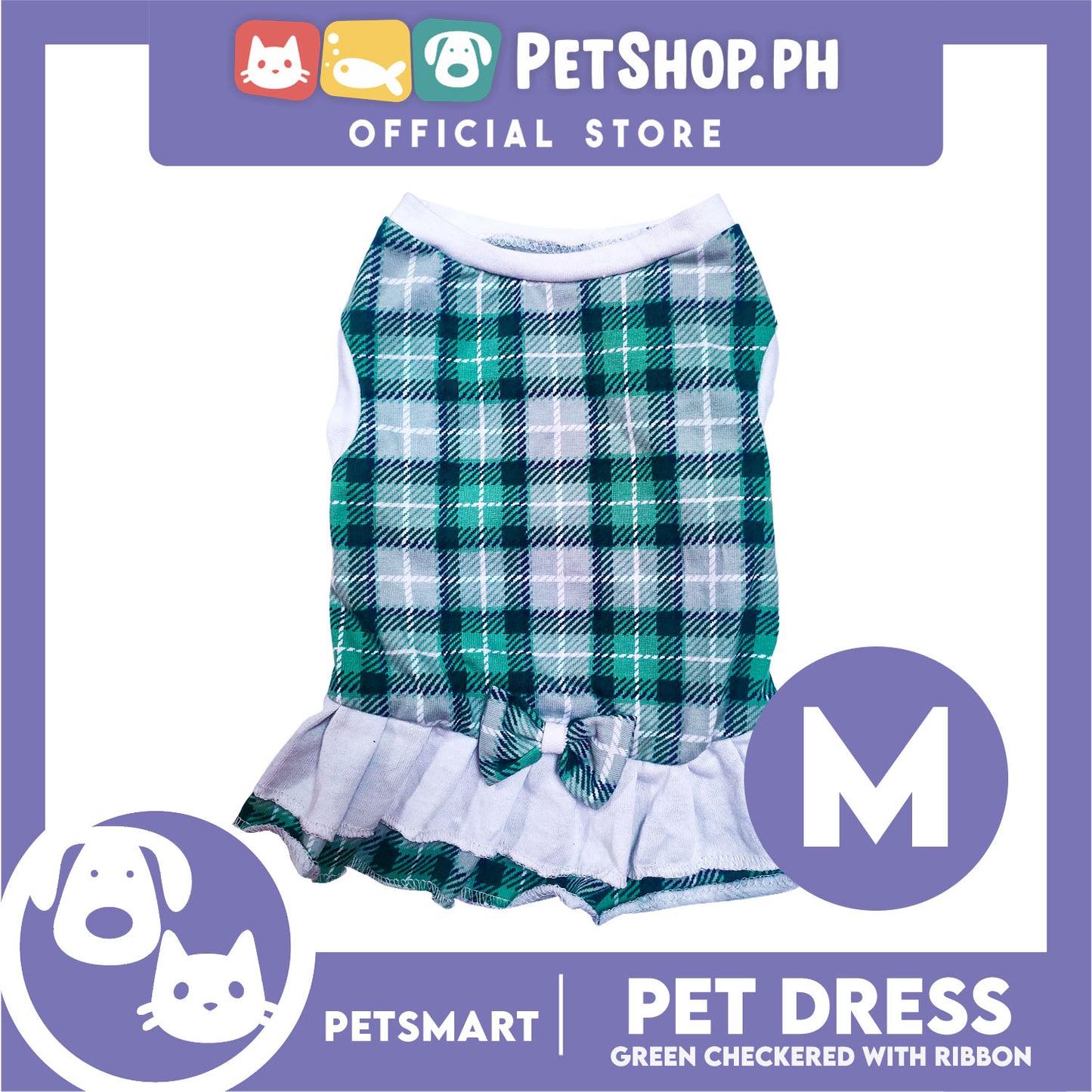 Pet Dress Checkered Green With Ribbon Dress DG-CTN114M (Medium) Perfect Fit For Dogs And Cats, Breathable Dress Clothes, Soft Lightweight Pet Clothing
