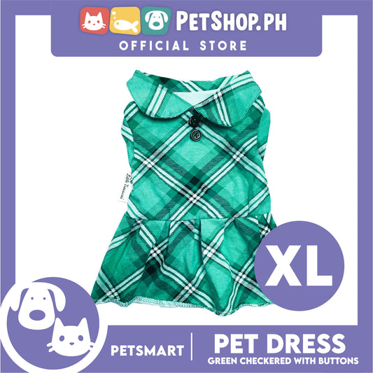 Pet Dress Checkered Green With Buttons Dress DG-CTN115XL (XL) Perfect Fit For Dogs And Cats, Breathable Dress Clothes, Soft Lightweight Pet Clothing