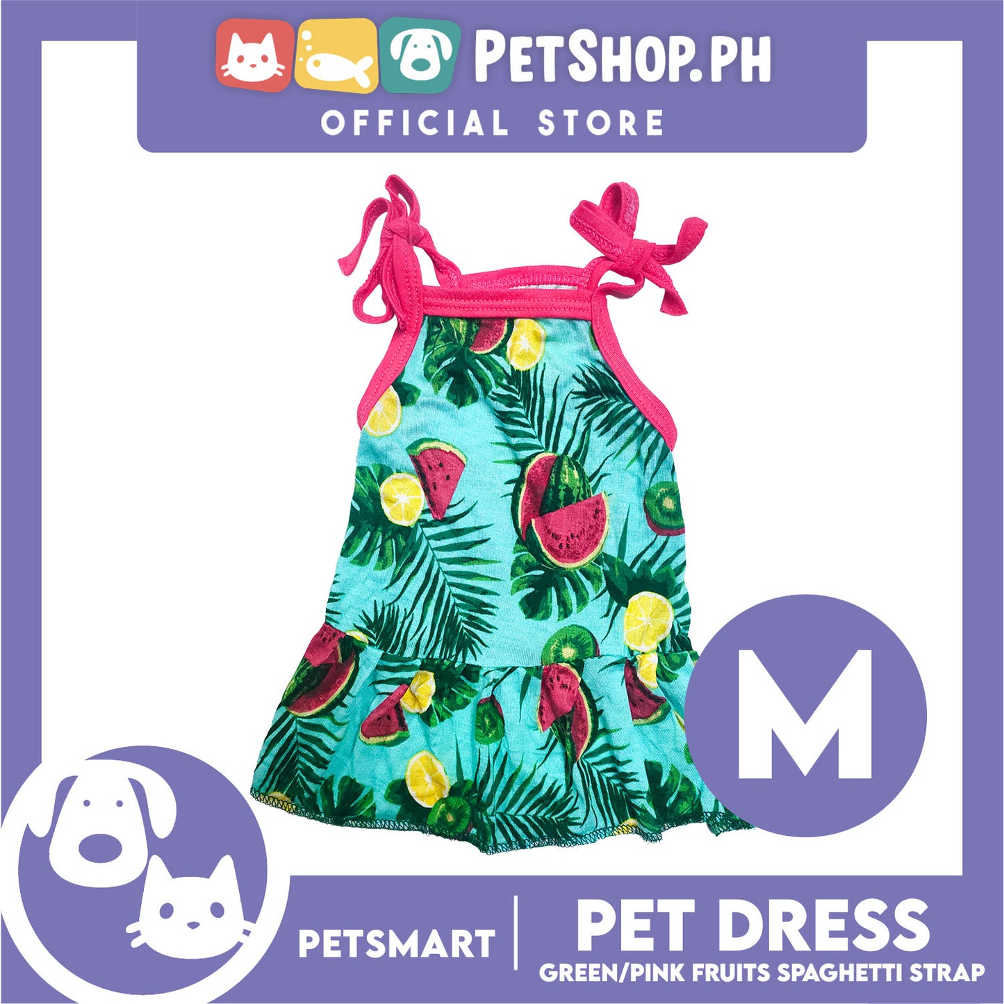 Pet Dress Fruits Design, Green Pink Color Spaghetti Strap Dress DG-CTN117M (Medium) Perfect Fit For Dogs And Cats, Breathable Dress Clothes, Soft Lightweight Pet Clothing
