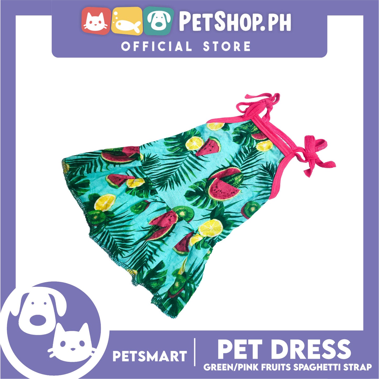 Pet Dress Fruits Design, Green Pink Color Spaghetti Strap Dress DG-CTN117M (Medium) Perfect Fit For Dogs And Cats, Breathable Dress Clothes, Soft Lightweight Pet Clothing