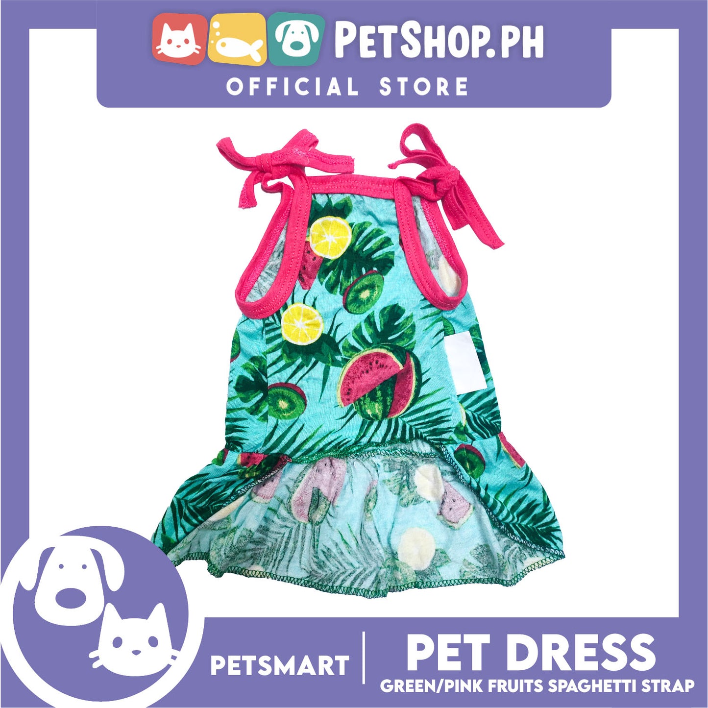 Pet Dress Fruits Design, Green Pink Color Spaghetti Strap Dress DG-CTN117M (Medium) Perfect Fit For Dogs And Cats, Breathable Dress Clothes, Soft Lightweight Pet Clothing