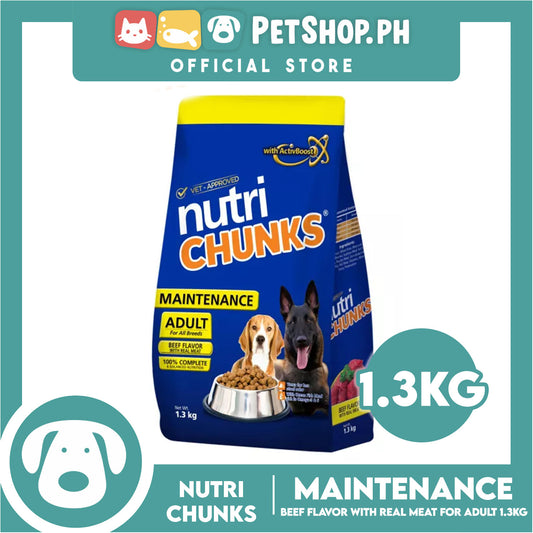 Nutri Chunks Maintenance Premium Dog Food, Adult For All Breeds 1.3kg (Beef Flavor With Real Meat) 100% Complete And Balanced Nutrition, Dog Food