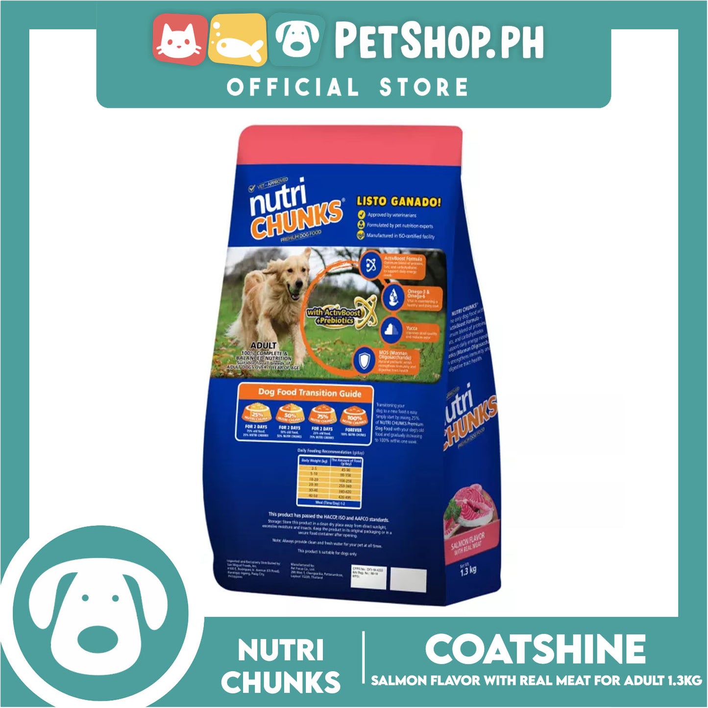 Nutri Chunks Coatshine Premium Dog Food, Adult For All Breeds 1.3kg (Salmon Flavor With Real Meat) 100% Complete And Balanced Nutrition, Dog Food