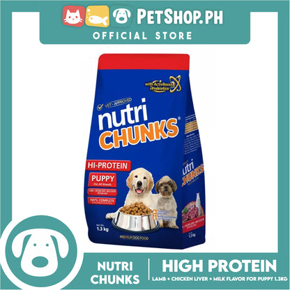 Nutri Chunks Hi-Protein Premium Dog Food, Puppy For All Breeds 1.3kg (Lamb + Chicken Liver + Milk Flavor With Real Meat) 100% Complete And Balanced Nutrition, Dog Food