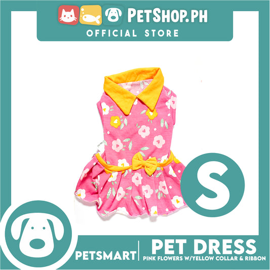 Pet Dress Pink Flowers With Yellow Collar And Ribbon Dress DG-CTN120S (Small) Perfect Fit For Dogs And Cats, Pet Dress Clothes, Soft and Comfortable Pet Clothing