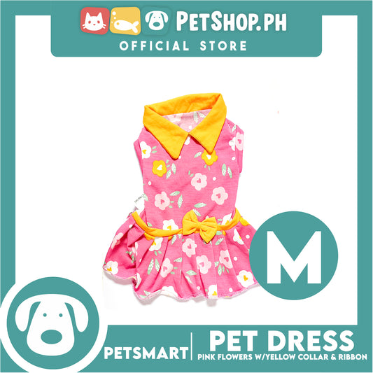 Pet Dress Pink Flowers With Yellow Collar And Ribbon Dress DG-CTN120M (Medium) Perfect Fit For Dogs And Cats, Pet Dress Clothes, Soft and Comfortable Pet Clothing