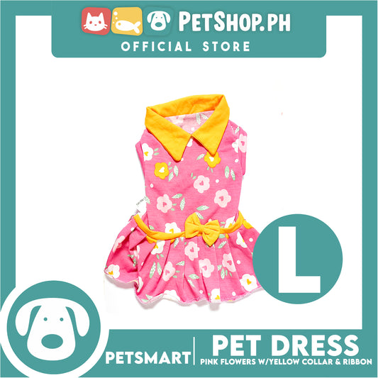 Pet Dress Pink Flowers With Yellow Collar And Ribbon Dress DG-CTN120L (Large) Perfect Fit For Dogs And Cats, Pet Dress Clothes, Soft and Comfortable Pet Clothing