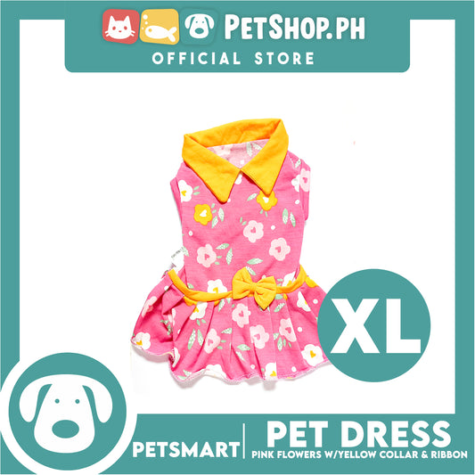 Pet Dress Pink Flowers With Yellow Collar And Ribbon Dress DG-CTN120XL (Extra Large) Perfect Fit For Dogs And Cats, Pet Dress Clothes, Soft and Comfortable Pet Clothing