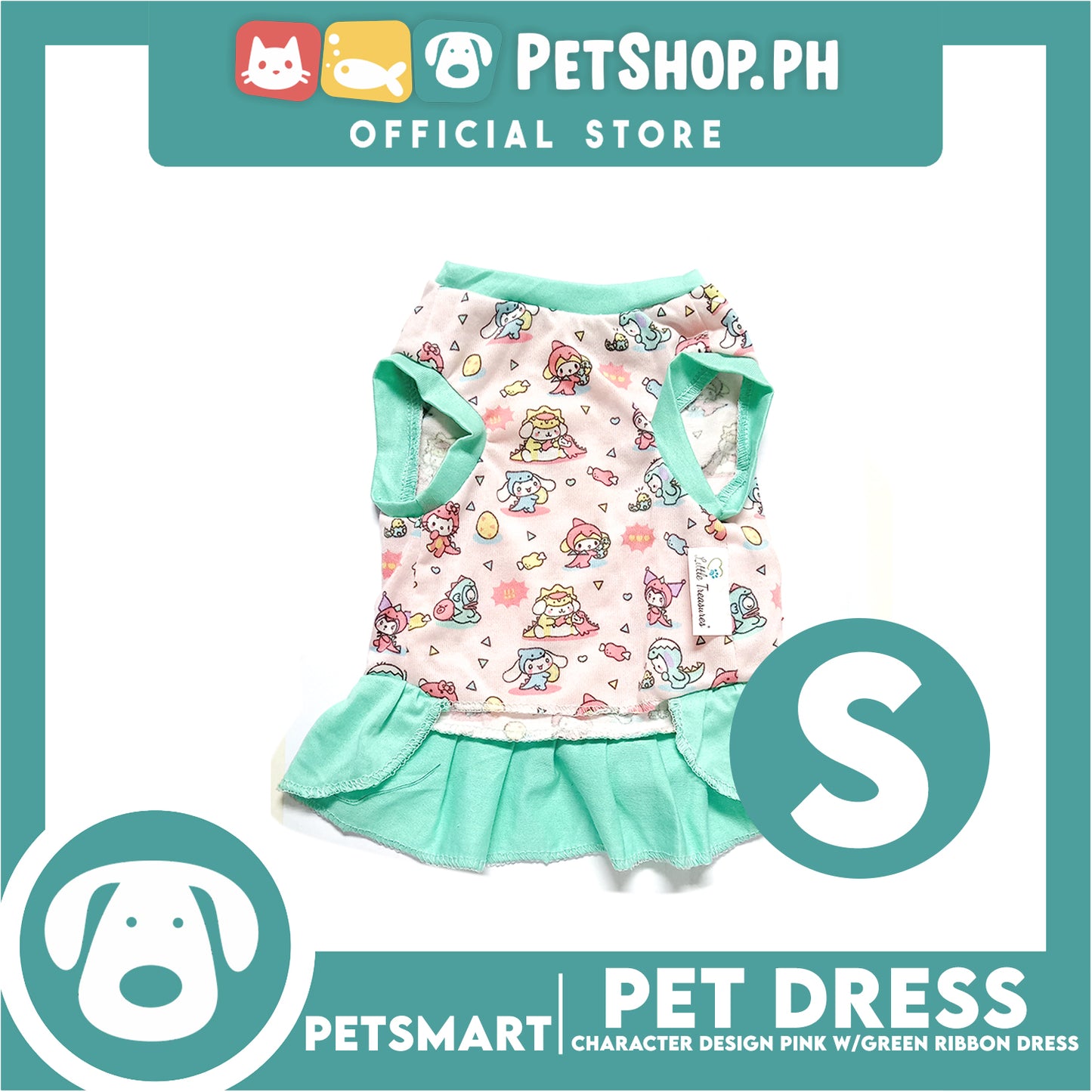 Pet Dress With Character Design Pink With Green Ribbon Dress DG-CTN119S (Small) Perfect Fit For Dogs And Cats, Pet Dress Clothes, Soft and Comfortable Pet Clothing
