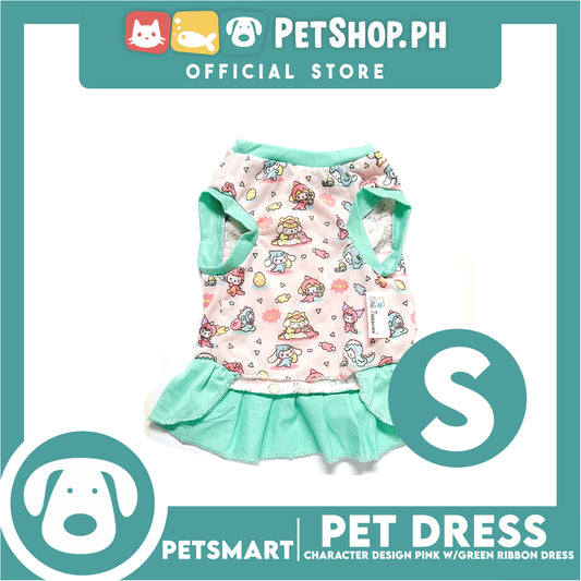 Pet Dress With Character Design Pink With Green Ribbon Dress DG-CTN119S (Small) Perfect Fit For Dogs And Cats, Pet Dress Clothes, Soft and Comfortable Pet Clothing