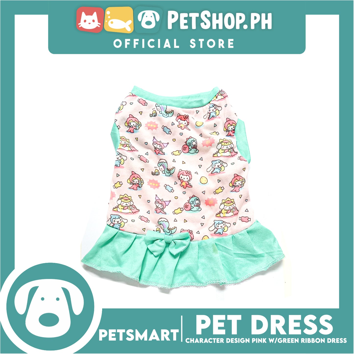 Pet Dress With Character Design Pink With Green Ribbon Dress DG-CTN119S (Small) Perfect Fit For Dogs And Cats, Pet Dress Clothes, Soft and Comfortable Pet Clothing