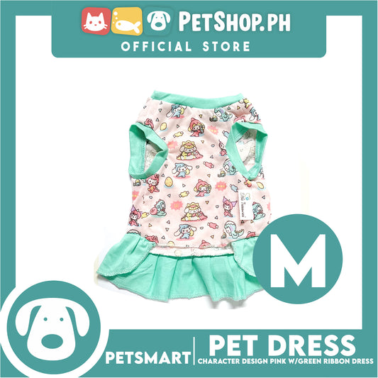 Pet Dress With Character Design Pink With Green Ribbon Dress DG-CTN119M (Medium) Perfect Fit For Dogs And Cats, Pet Dress Clothes, Soft and Comfortable Pet Clothing