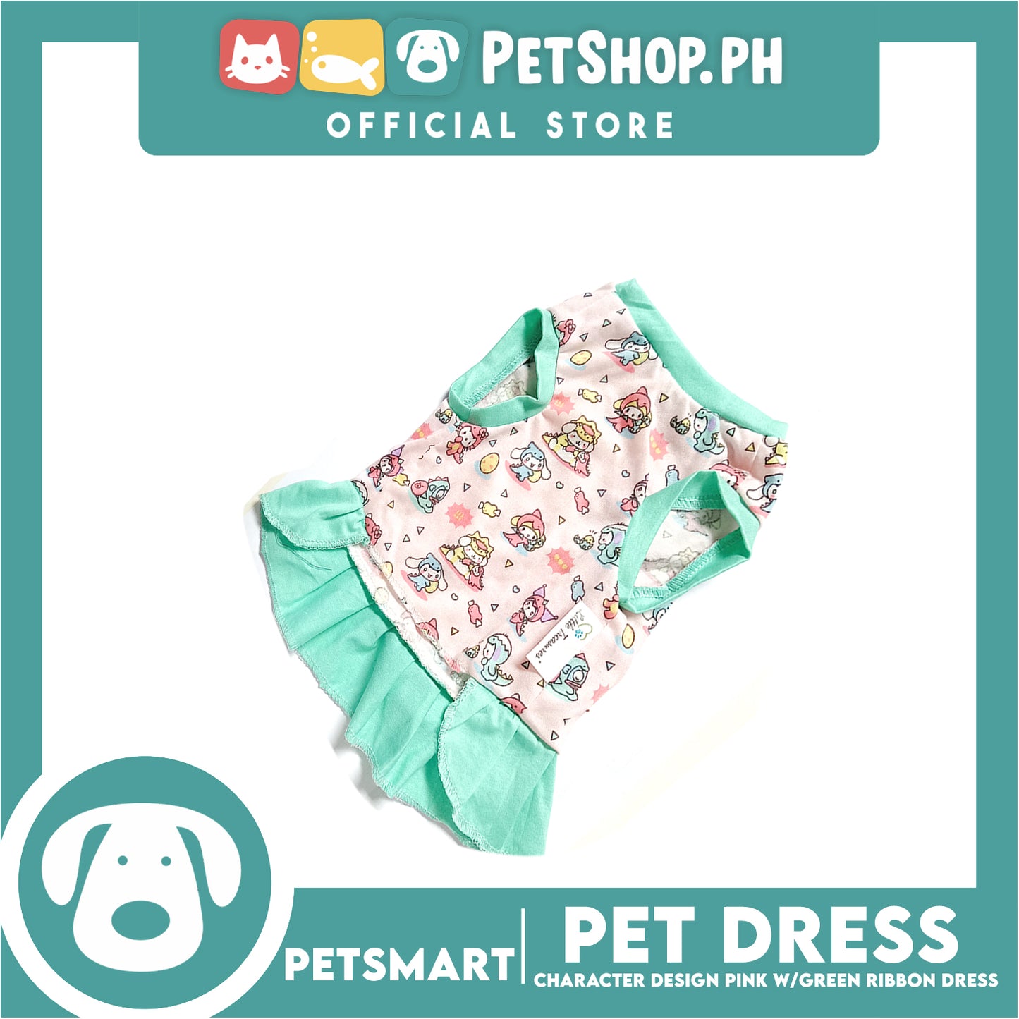 Pet Dress With Character Design Pink With Green Ribbon Dress DG-CTN119M (Medium) Perfect Fit For Dogs And Cats, Pet Dress Clothes, Soft and Comfortable Pet Clothing