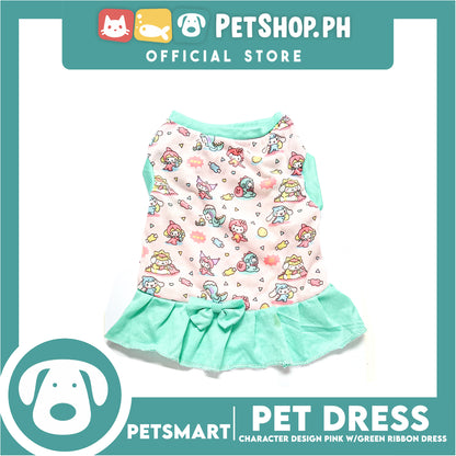 Pet Dress With Character Design Pink With Green Ribbon Dress DG-CTN119M (Medium) Perfect Fit For Dogs And Cats, Pet Dress Clothes, Soft and Comfortable Pet Clothing