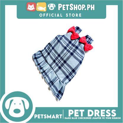 Pet Jumper Dress Dark Blue Checkered Jumper With Pink Ribbon DG-CTN123M (Medium)