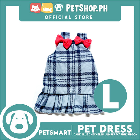 Pet Jumper Dress Dark Blue Checkered Jumper With Pink Ribbon DG-CTN123L (Large)