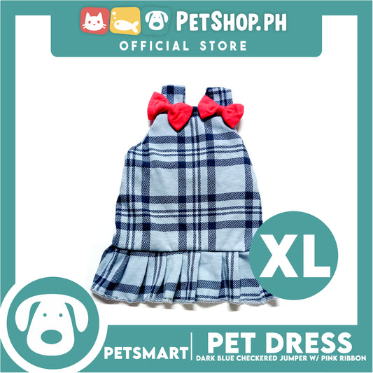 Pet Jumper Dress Dark Blue Checkered Jumper With Pink Ribbon DG-CTN123XL (Extra Large) Perfect Fit For Dogs And Cats, Pet Dress Clothes, Soft and Comfortable Pet Clothing