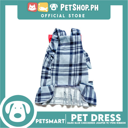 Pet Jumper Dress Dark Blue Checkered Jumper With Pink Ribbon DG-CTN123XL (Extra Large) Perfect Fit For Dogs And Cats, Pet Dress Clothes, Soft and Comfortable Pet Clothing