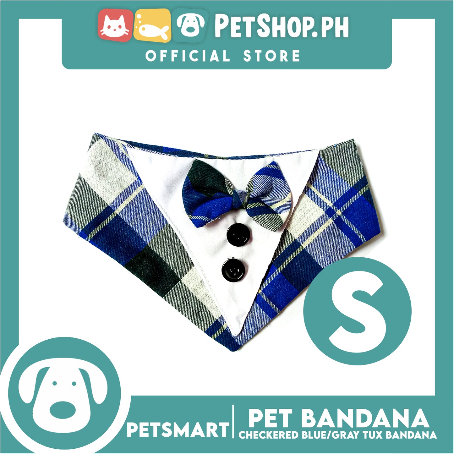 Pet Bandana Collar Scarf Checkered Blue Gray Tux Bandana DB-CTN32S (Small) Perfect Fit For Dogs And Cats, Breathable, Soft Lightweight, Fashionable Pet Bandana