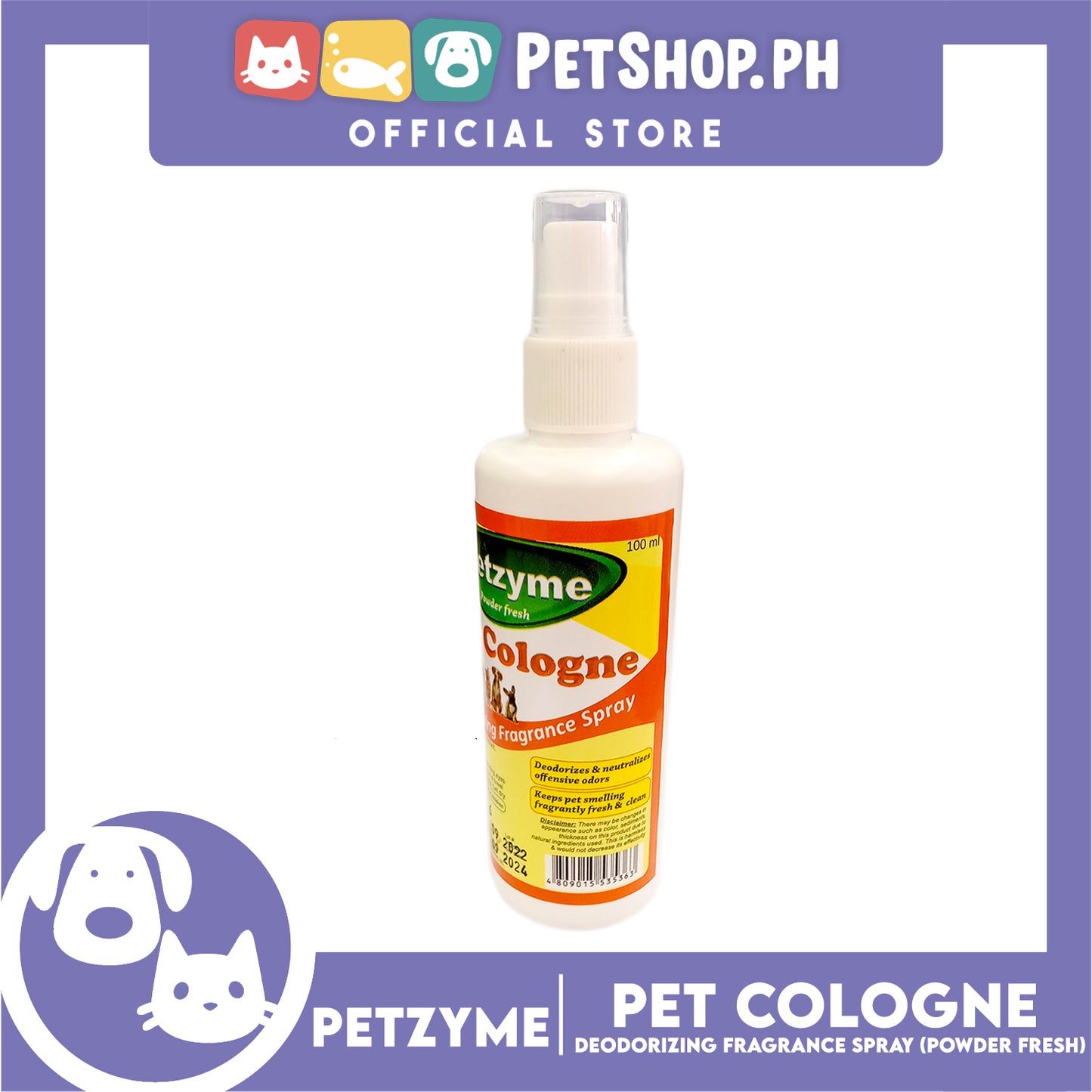 Petzyme Natural Pet Cologne 100ml Deodorizing Fragrance Pets Spray