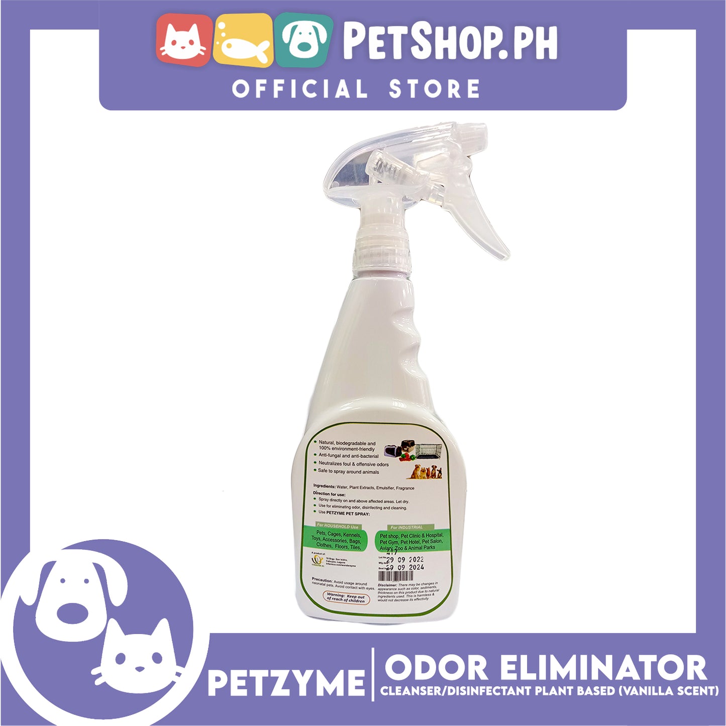 Petzyme Pet 3 in 1 Spray 500ml (Vanilla Scent) Natural Pet Spray, Odor Eliminator, Cleanser, Disinfectant Pets Spray