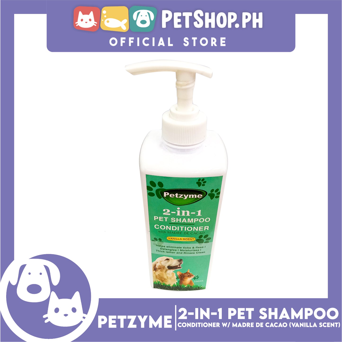 Petzyme 2 in 1 Pet Shampoo, Conditioner With Madre De Cacao (Vanilla Scent) Pets Grooming