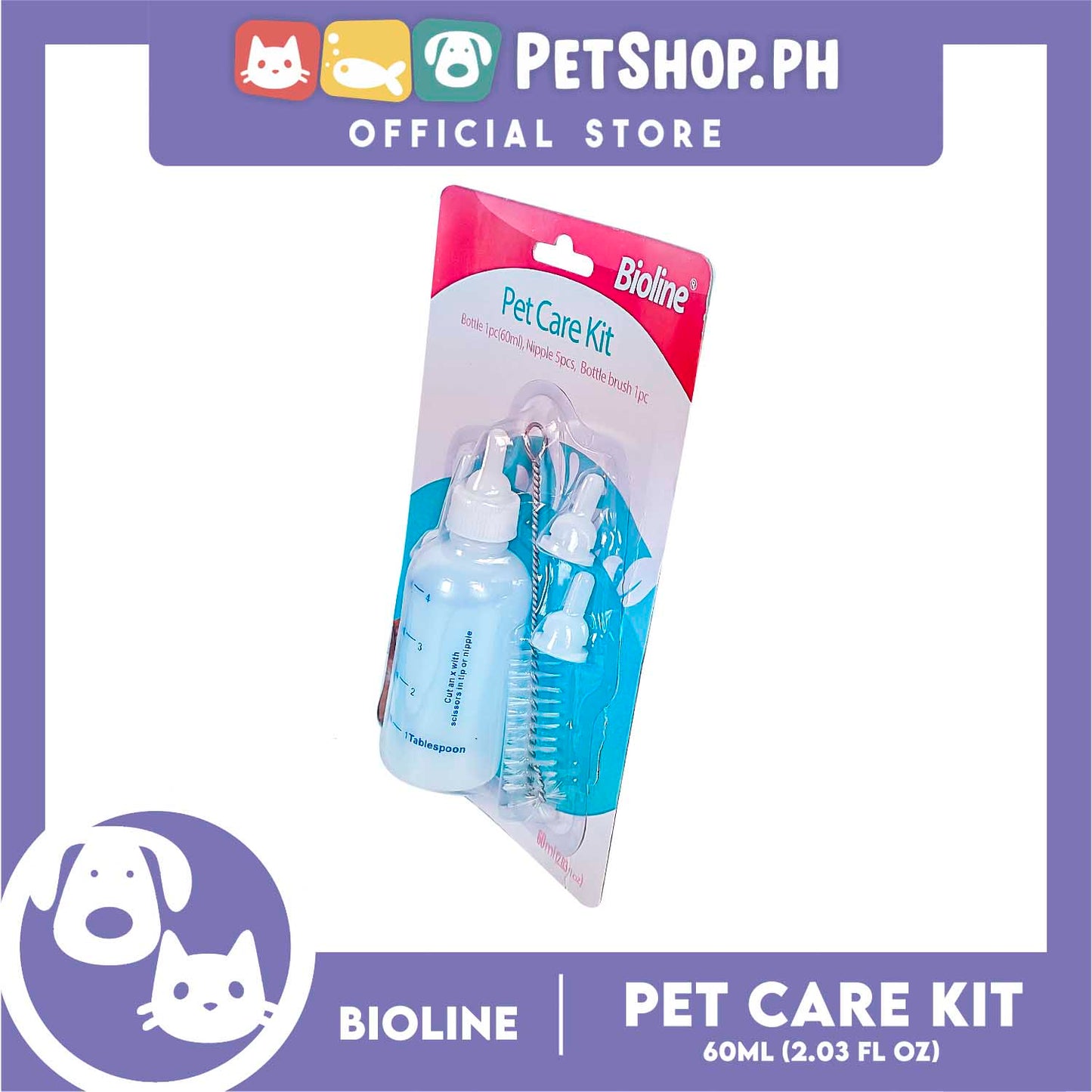 Bioline Pet Care Kit Pet Nursing and Feeding Bottle Kit Milk Feeder 60ml