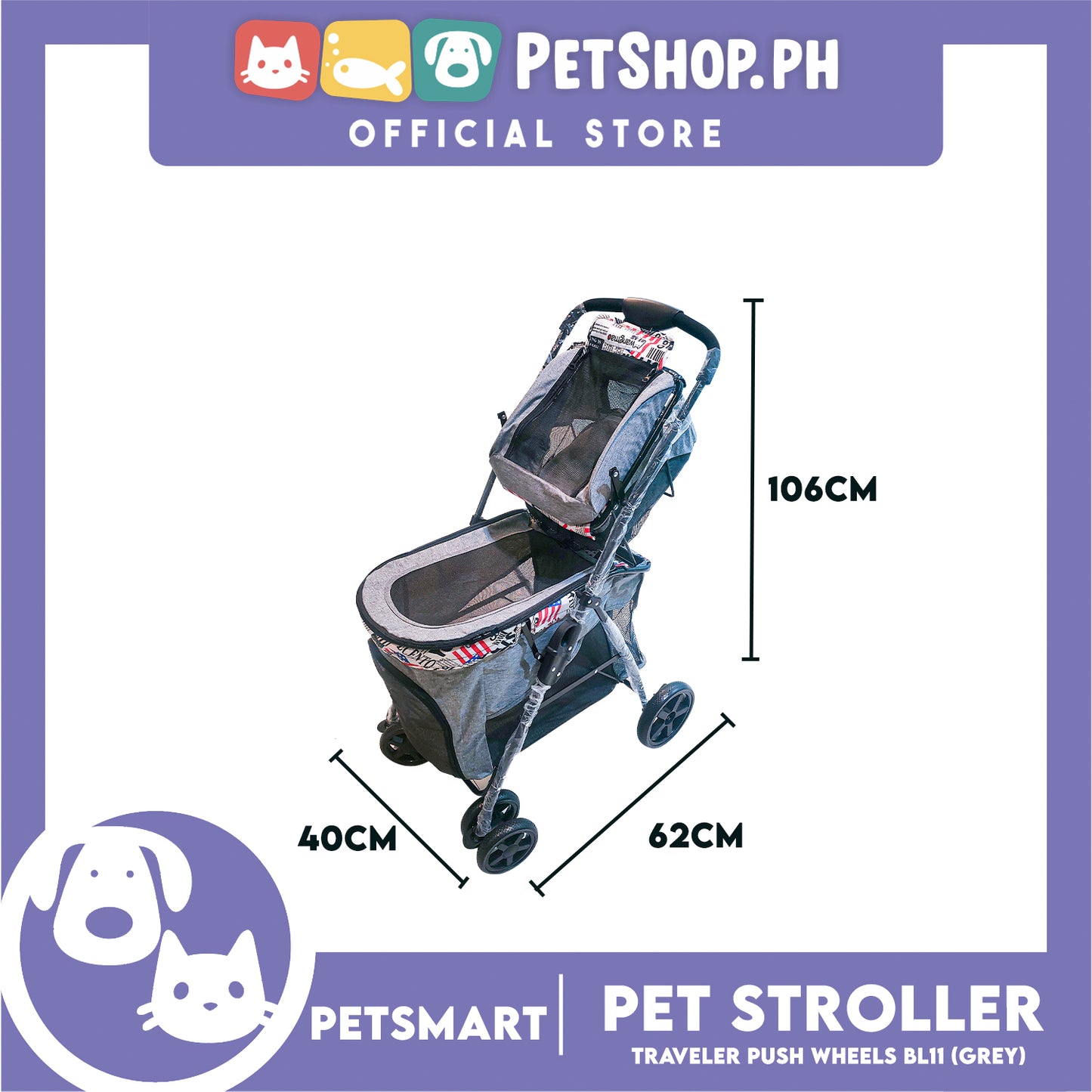 Pet Stroller Traveler Push Wheels BL11 (Grey)