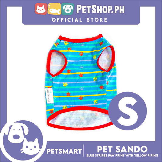 Pet Sando Clothes, Blue Stripes Paw Print With Yellow Piping DG-CTN130S (Small)