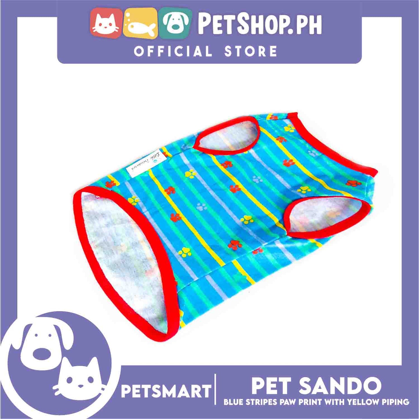 Pet Sando Clothes, Blue Stripes Paw Print With Yellow Piping DG-CTN130S (Small)