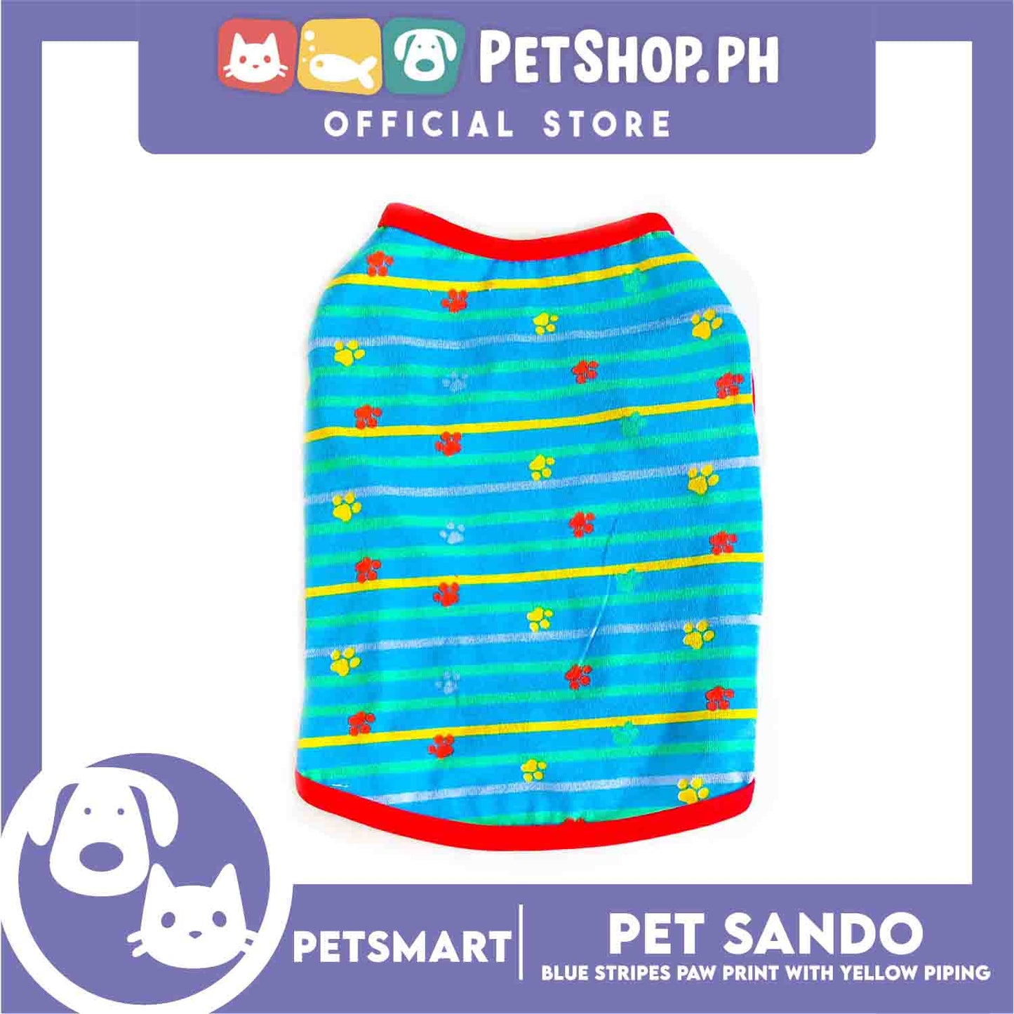 Pet Sando Clothes, Blue Stripes Paw Print With Yellow Piping DG-CTN130M (Medium)