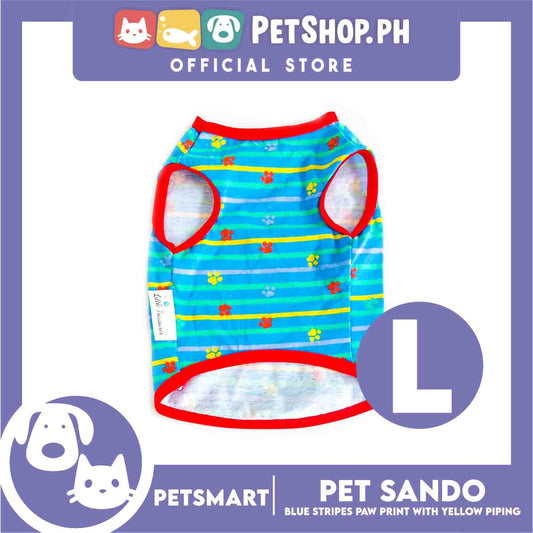 Pet Sando Clothes, Blue Stripes Paw Print With Yellow Piping DG-CTN130L (Large)