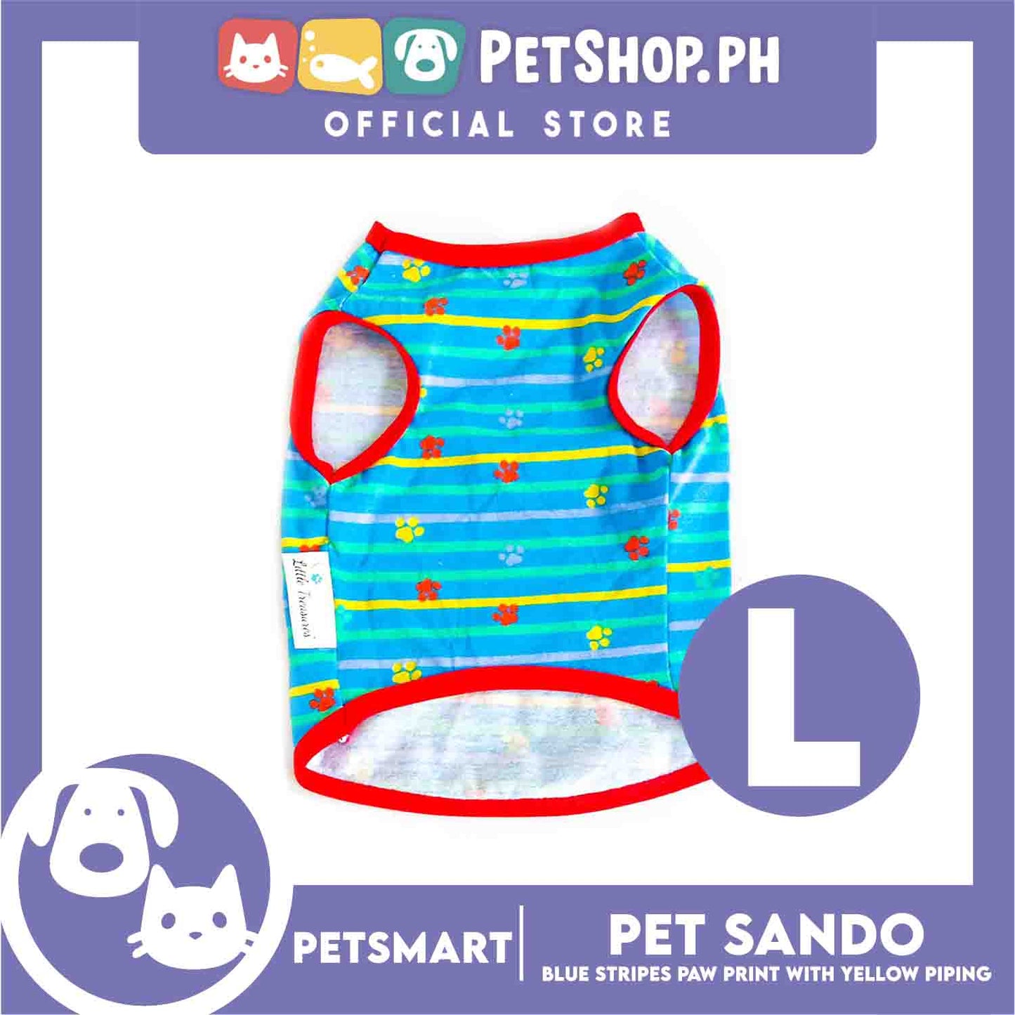 Pet Sando Clothes, Blue Stripes Paw Print With Yellow Piping DG-CTN130L (Large)