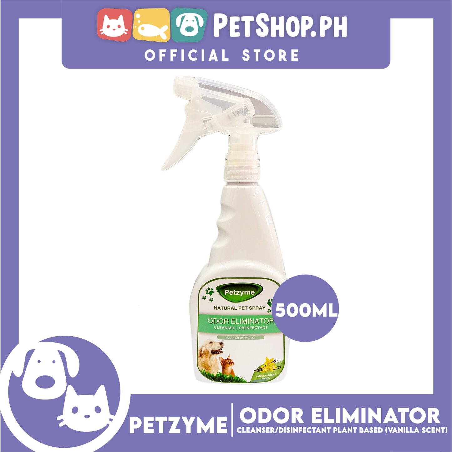 Petzyme Pet 3 in 1 Spray 500ml (Vanilla Scent) Natural Pet Spray, Odor Eliminator, Cleanser, Disinfectant Pets Spray