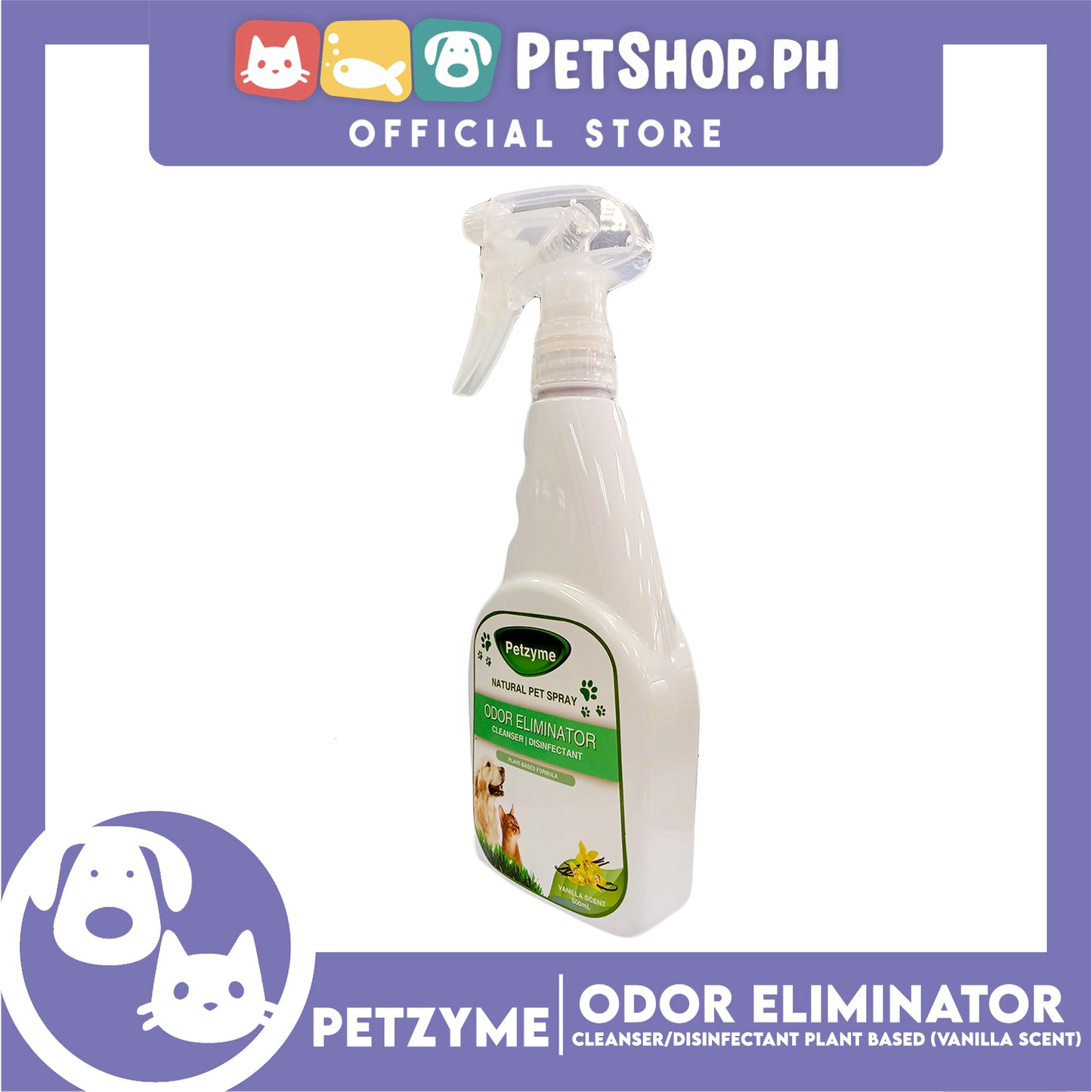 Petzyme Pet 3 in 1 Spray 500ml (Vanilla Scent) Natural Pet Spray, Odor Eliminator, Cleanser, Disinfectant Pets Spray