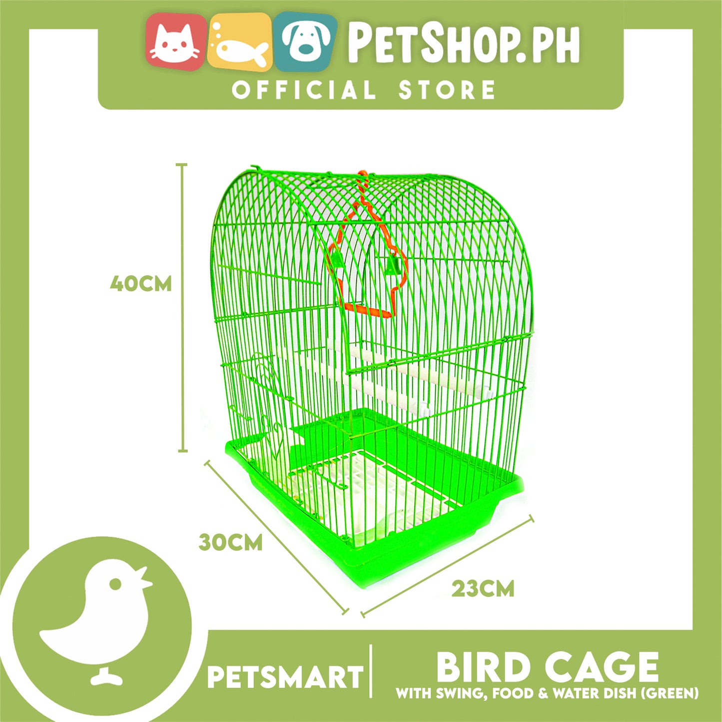 Bird Cage with Swing, Food and Water Dish (1000) Green Color, 30cm x 23cm x 40cm