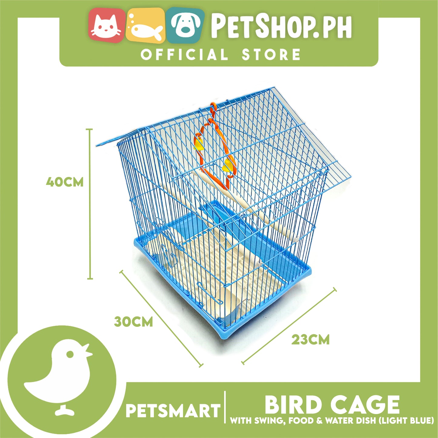 Bird Cage with Swing, Food and Water Dish (1001) Light Blue Color, 30cm x 23cm x 40cm