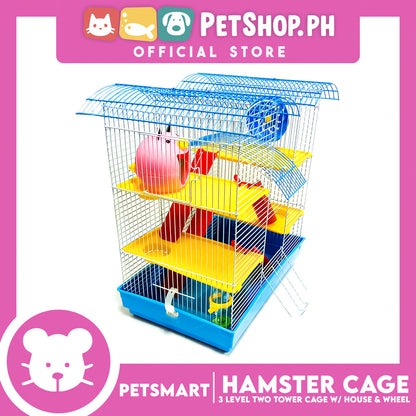 Hamster Cage (M025) 3 Level Two Tower Cage with House and Wheel 45cm x 28cm x 50cm