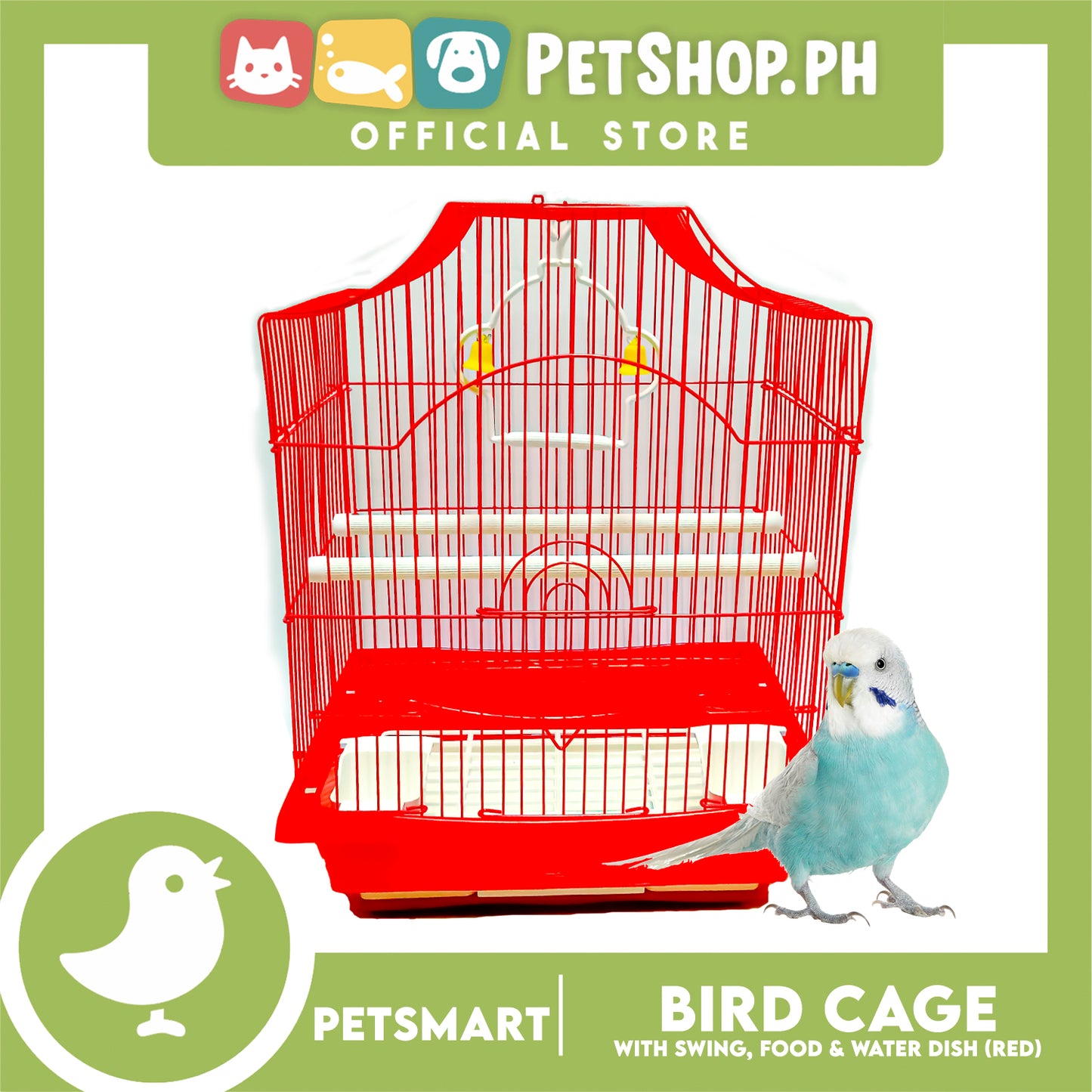 Bird Cage with Swing, Food and Water Dish (1002) Red Color, 30cm x 23cm x 40cm