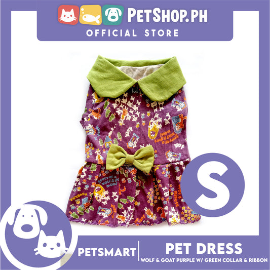 Pet Dress Wolf and Goat Design, Purple with Green Collar and Ribbon Color DG-CTN141S (Small) Perfect Fit For Dogs And Cats