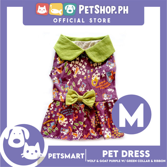 Pet Dress Wolf and Goat Design, Purple with Green Collar and Ribbon Color DG-CTN141M (Medium) Perfect Fit For Dogs And Cats