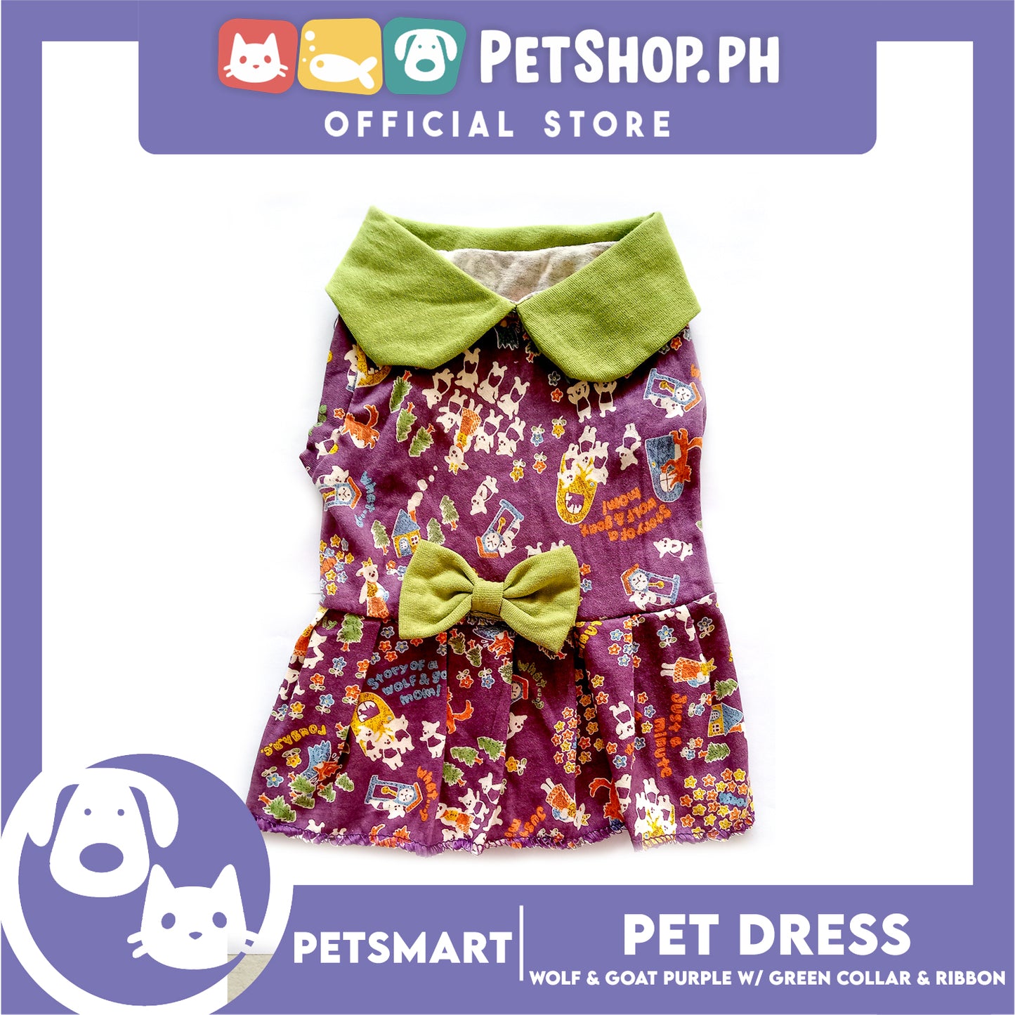 Pet Dress Wolf and Goat Design, Purple with Green Collar and Ribbon Color DG-CTN141M (Medium) Perfect Fit For Dogs And Cats