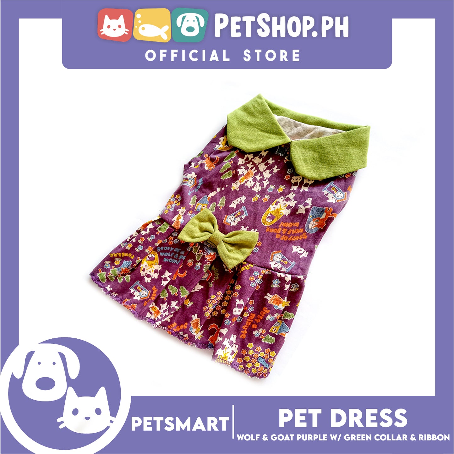 Pet Dress Wolf and Goat Design, Purple with Green Collar and Ribbon Color DG-CTN141M (Medium) Perfect Fit For Dogs And Cats