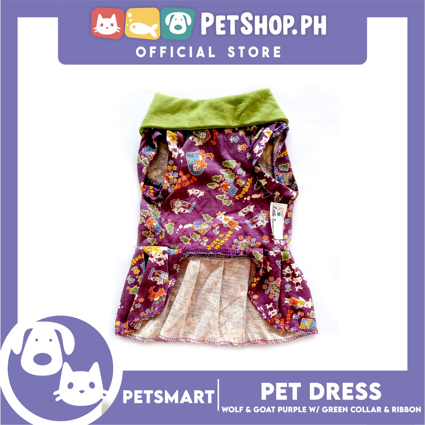 Pet Dress Wolf and Goat Design, Purple with Green Collar and Ribbon Color DG-CTN141M (Medium) Perfect Fit For Dogs And Cats