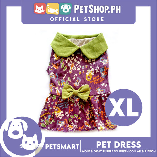 Pet Dress Wolf and Goat Design, Purple with Green Collar and Ribbon Color DG-CTN141XL (XL) Perfect Fit For Dogs And Cats