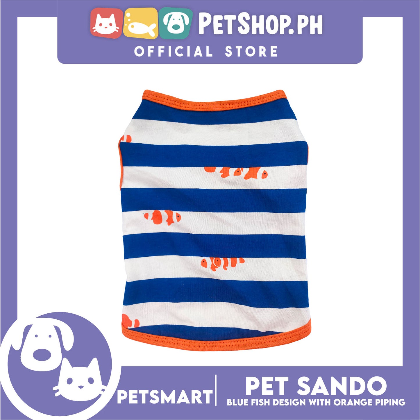 Pet Sando Stripe, Blue Fish Design with Orange Piping Color DG-CTN143S (Small) Perfect Fit For Dogs And Cats