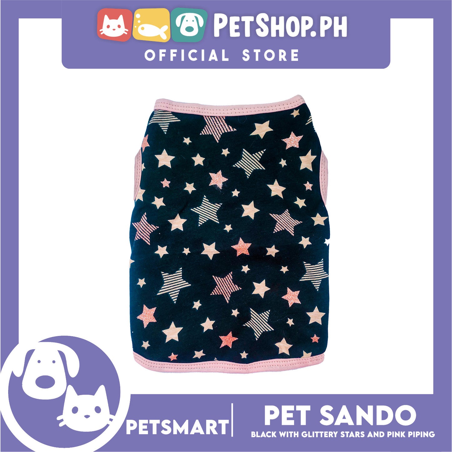 Pet Sando Black with Glittery Stars and Pink Piping Color DG-CTN147M (Medium) Perfect Fit For Dogs And Cats