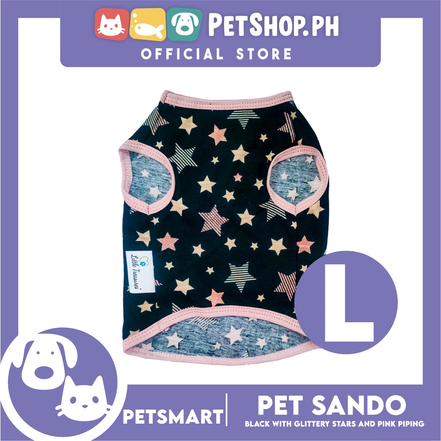 Pet Sando Black with Glittery Stars and Pink Piping Color DG-CTN147L (Large) Perfect Fit For Dogs And Cats